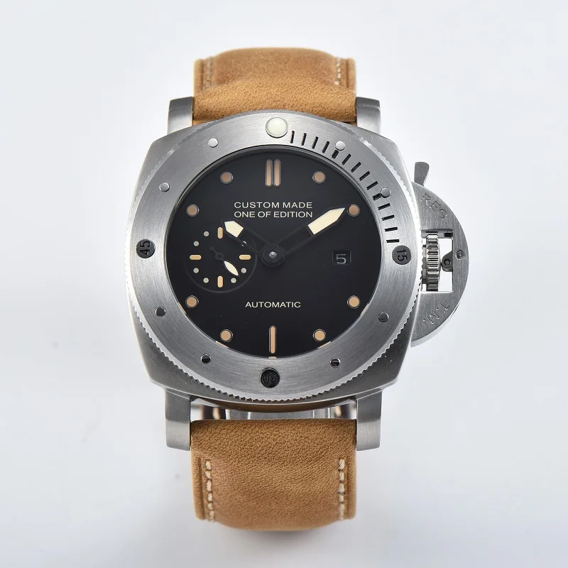 

47mm watch automatic movement pvd protective cover military leather strap steel shell transparent back cover H5301