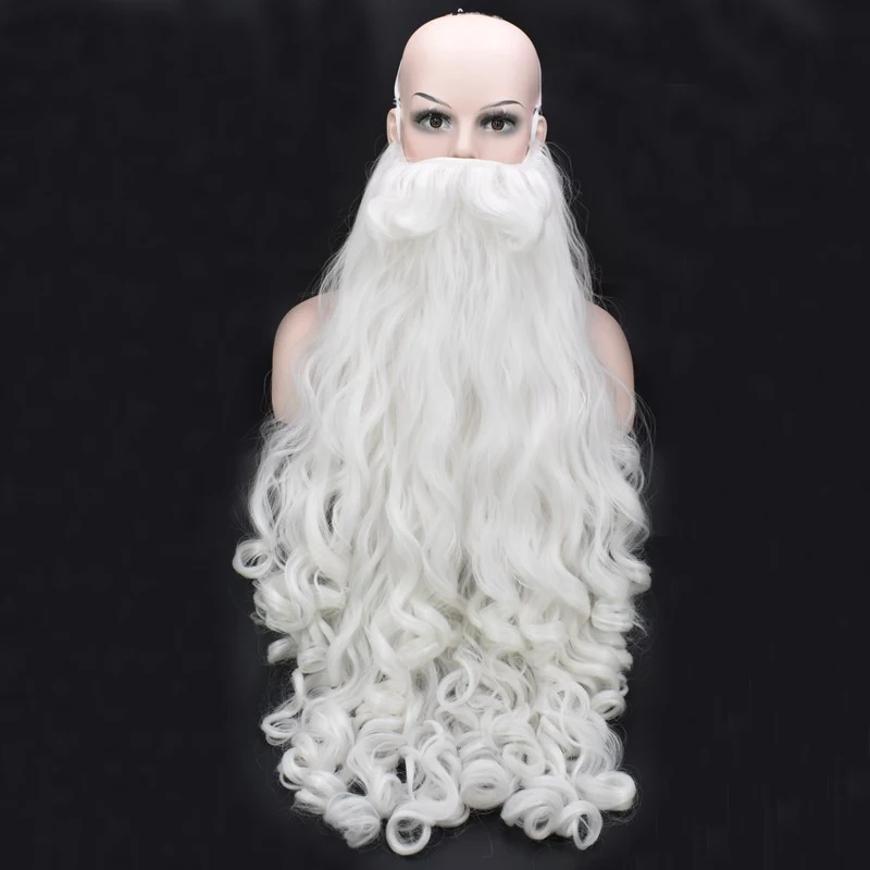 Christmas Cosplay Wig Beard Santa Claus White Curly Long Synthetic Hair Adult
