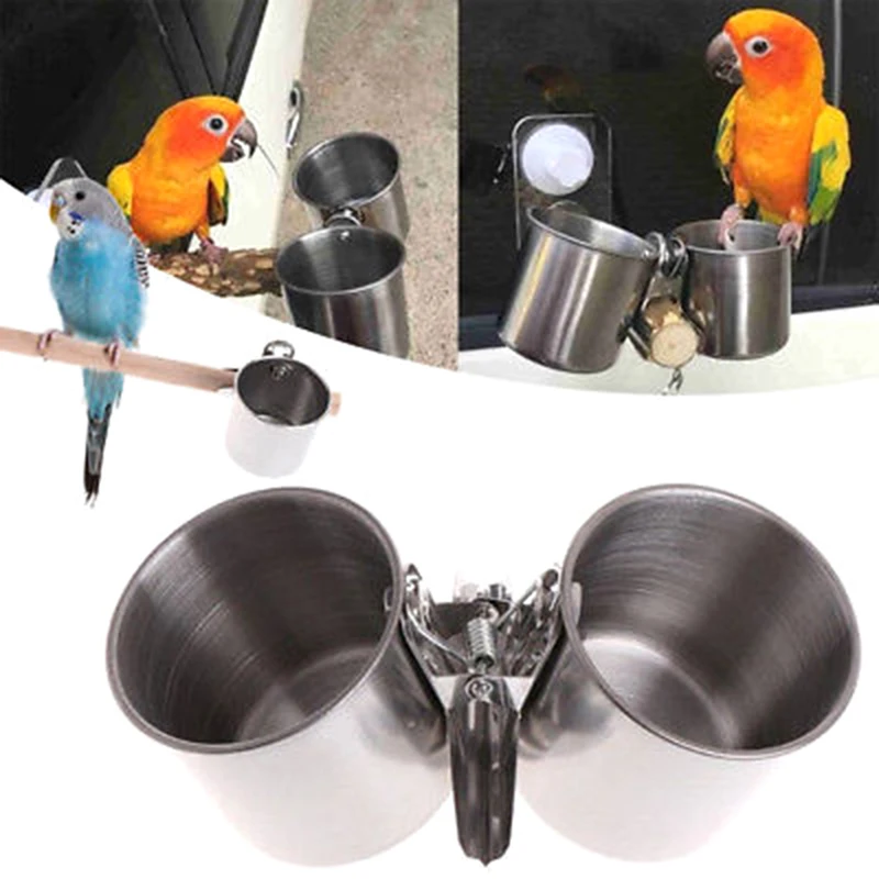 Double Cups With Clip Stainless Steel Parrot Cage Stand Food Water