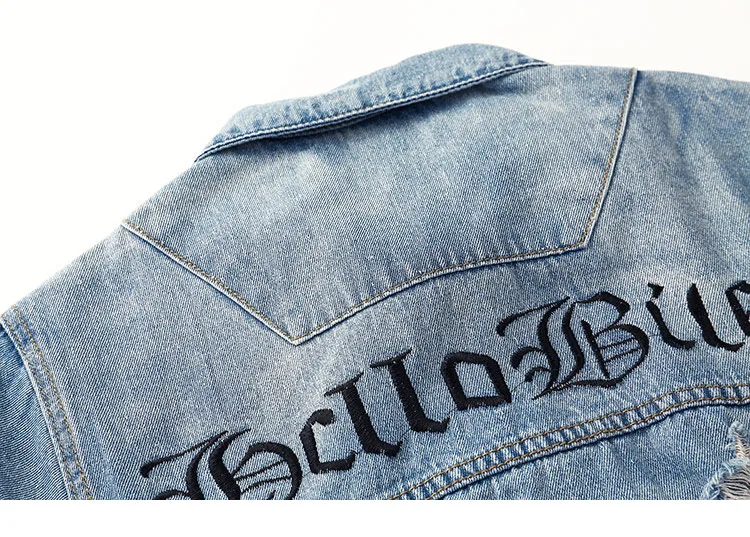 Мужские джинсовые куртки-бомберы с рваными дырками в винтажном готическом стиле с вышитыми буквами, короткая джинсовая куртка, потертая уличная одежда в стиле хип-хоп