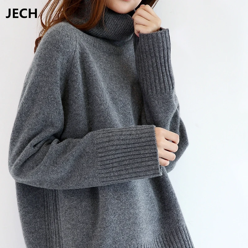 JECH Winter New Fashion Cashmere Wool Women Warm Solid Sweaters Casual Full Sleeve Turtleneck Loose Pullovers Computer Knitted
