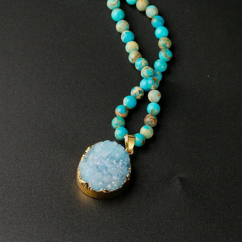 Natural Sea sediments 6MM Beads Imperial Stone With Druzy Pendent Charm Necklace For Women Men Unisex Jewelry Lover’s Gift