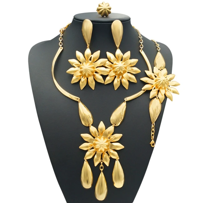 

YULAILI African Beads Jewelry Set Fashion Wedding Women Dubai Pure Gold Color Necklace Bangle Earrings Ring Accessories