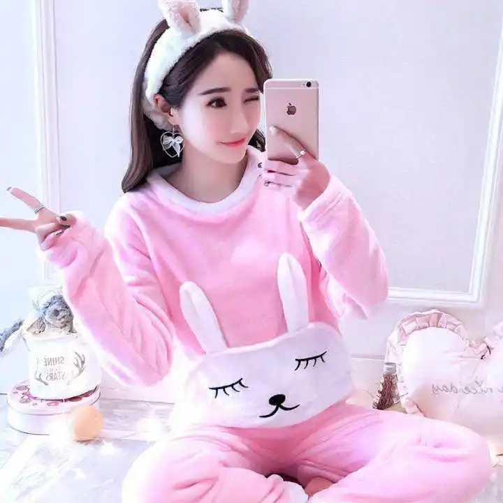 

JINUO cartoon shaped animals long ears rabbits woman flannel pajamas super soft and warm sleepwear for female winter pyjamas
