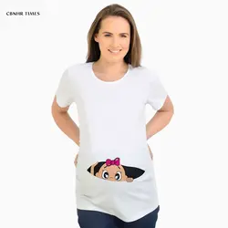 Забавный беременности футболки летние топы Одежда для беременных белые футболки с ребенком выглядывает футболки с коротким рукавом