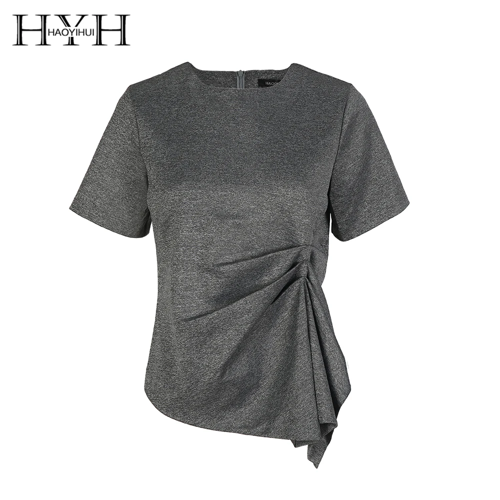 HYH HAOYIHUI Spring Casual Female Tops Apparel Gray Ruched Slim Chic T-shirts Sweet Asymmetrical O-neck Short Sleeve Lady Tops