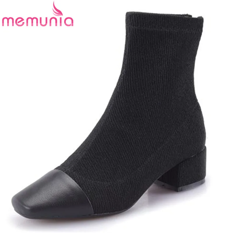 

MEMUNIA new arrive cloth+genuine leather boots fashion autumn winter ankle boots for women zipper boots casual shoes