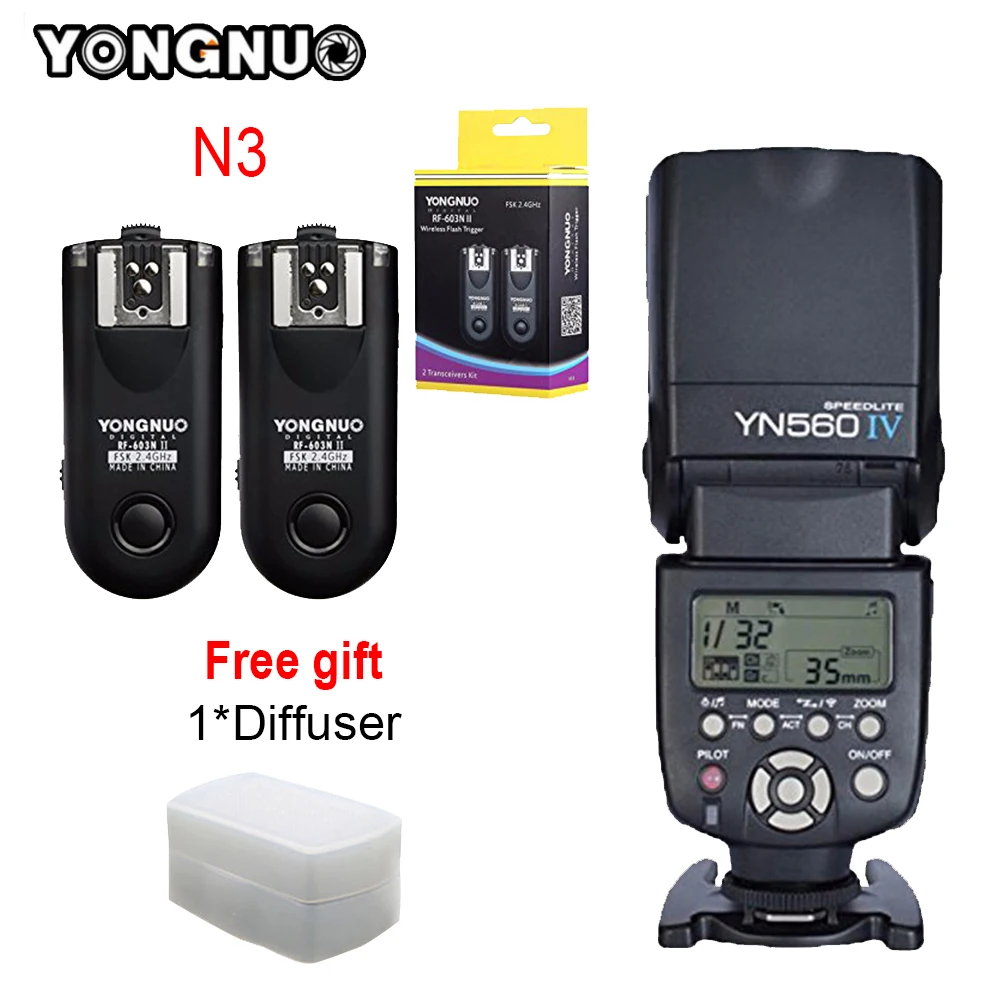 

YONGNUO YN560-IV YN560 IV YN560IV Speedlite + RF-603 II N3 RF603 II Flash Trigger For Nikon D90 D7100 D7000 D3100 D5100 Camera