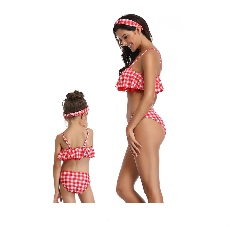 Mother Daughter matching Swimsuits Printing piece double lotus leaf Parent-Child Swimwear Family Matching Swimsuit Outfits