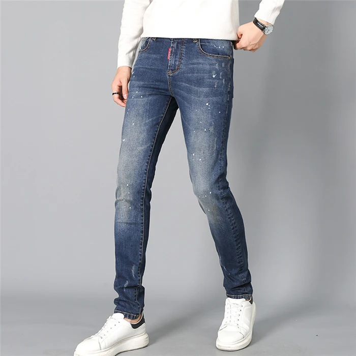 -Карандаши со средней талией в стиле царапается Выбеленные винтажные точка роспись джинсовый, синие джинсы Штаны штаны для мальчиков для