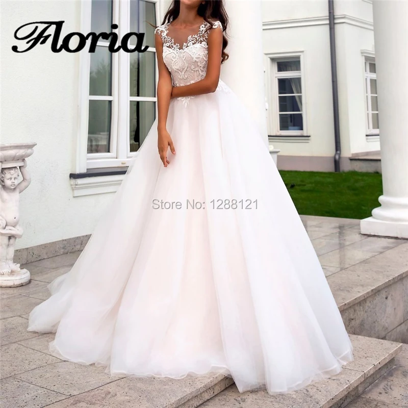 

New Lovely Pink Lining princess Wedding Dresses Robe De Mariee 2019 Customized Illusion Lace Button Applique Arabic Bridal Dress
