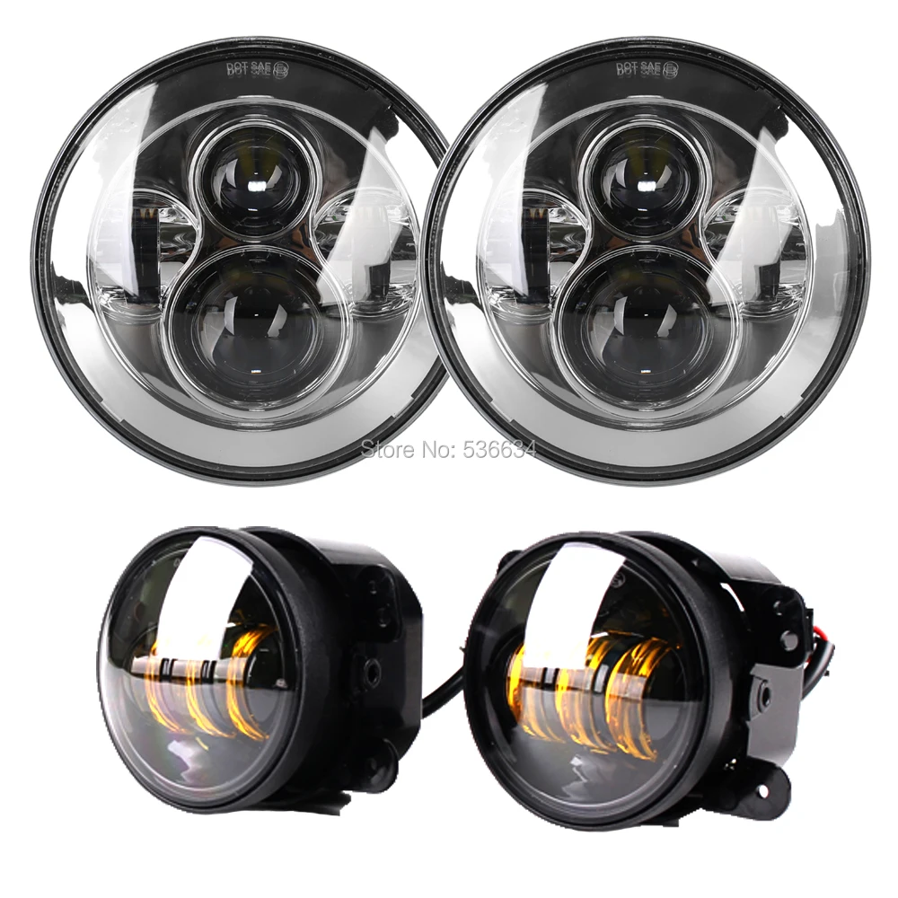 

7 Inch 30W/40W Projector LED Headlight + 4 Inch Amber LED Fog Lights for 2007-2017 Jeep Wrangler Unlimited JKU 4 Door