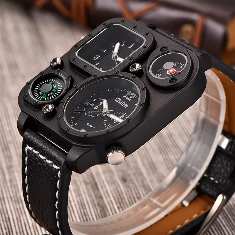 Oulm 1169 Square Men's Watches Two Time Zone Watch Outdoor Sports Men Decorative Compass Unique Male Wristwatch Hours