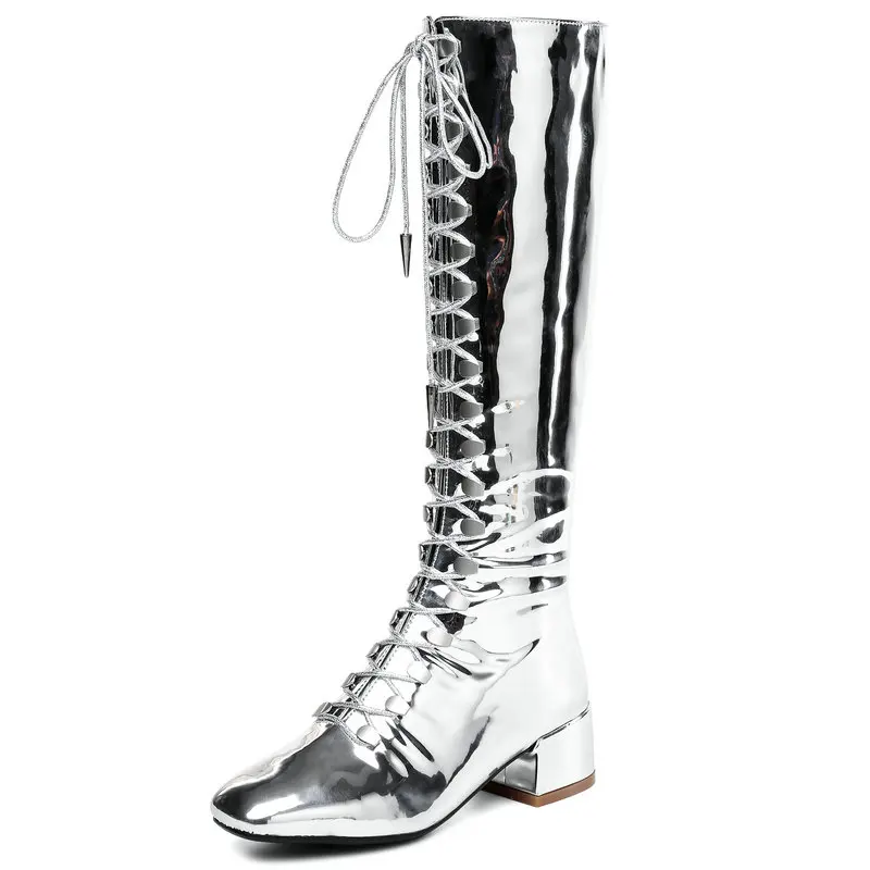 

Fashion Sexy Mirror Square Heel Knee Boots Woman High Quality Cross-tied Woman Fall Winter Shoes Party Shoes Big Size
