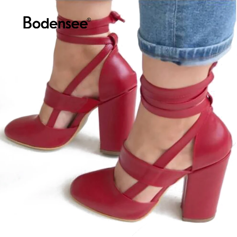 

Bodensee 2018 Summer plus size Sexy woman Peep Toe square heel sandals Shoes Ankle Strap with one word Faux Fur woman shoes
