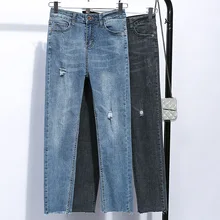 Женские Стрейчевые облегающие джинсы с высокой талией и рваными коленями, осень, свободные эластичные штаны длиной до щиколотки размера плюс