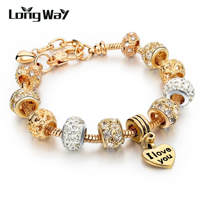 Hot Selling 2016 Heart Charm Bracelets & Bangles Gold Bracelets For Women DIY Pulsera Famous Brand Jewellery SBR150074