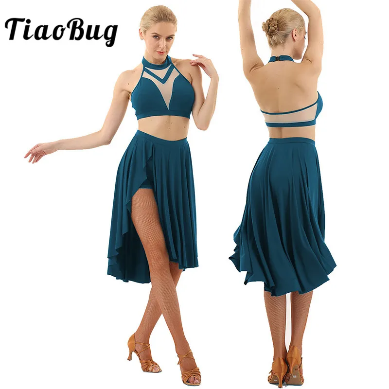 

TiaoBug Women Halter Sleeveless Backless Crop Tops Ballet Tutu Latin Skirt Set Asymmetrical Contemporary Lyrical Dance Costumes