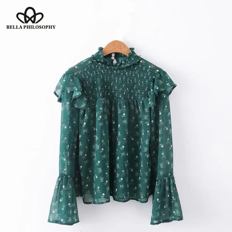 Wonder 2018 new autumn elegant floral printing casual slim smock Shirt blouses women pleated ruffles chic femininas blusas tops