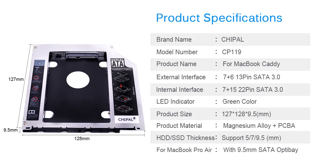 CHIPAL алюминиевый 9,5 мм 2nd Second HDD Caddy SATA 3 2," чехол для SSD, HDD для Apple Macbook Pro Air 13" 1" 17" DVD/CD-ROM Optibay