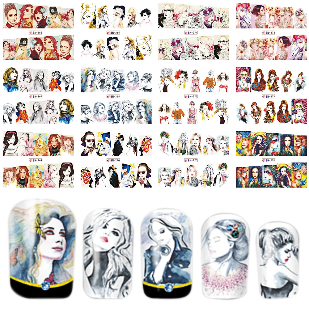 

1 Sets 12 Designs Nail Art Water Transfer Sticker Mixed Style Lady Women Pattern Full Cover Warp Nail Art Tool BEBN265-276