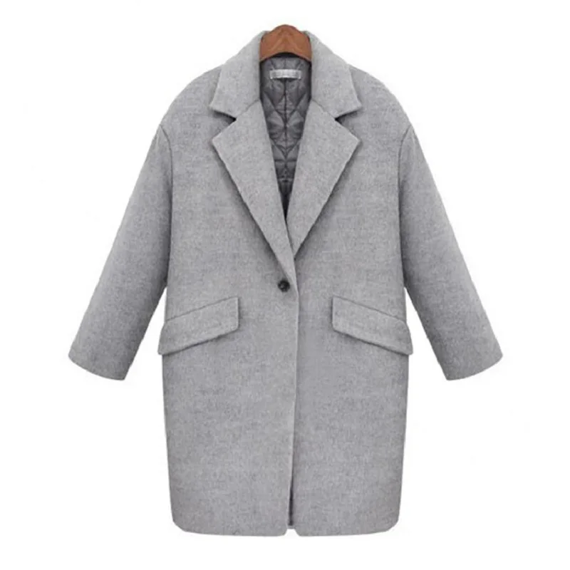 

2019 Women Gray Coat Jackets Solid Turndown Collar Single Button Chic Long Loose OverCoat Female Outerwear Casacos Manteau femme