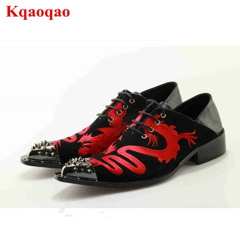 Metal Pointed Toe Decor Red Gold Dragon Animal Embroidered Men Shoes Front Lace Up Low Heel Dress Boot Ankle Botas Short Booties Metal Pointed Toe Decor Red Gold Dragon Animal Embroidered Men Shoes Front Lace Up Low Heel Dress Boot Ankle Botas Short Booties
