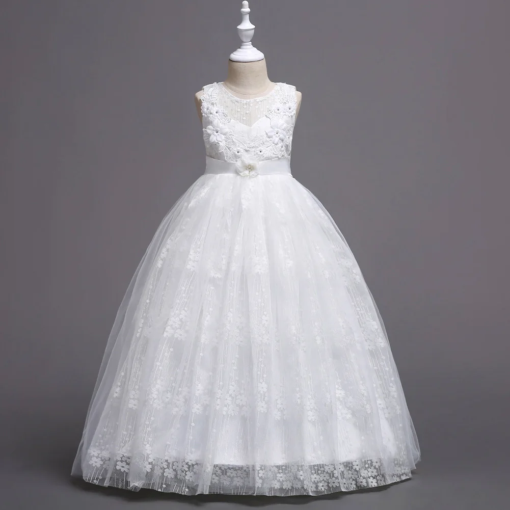

Kids Girls Princess Dress Full Dress Lace Solid Color Embroidered Sleeveless Round Neck Long Dress NSV775