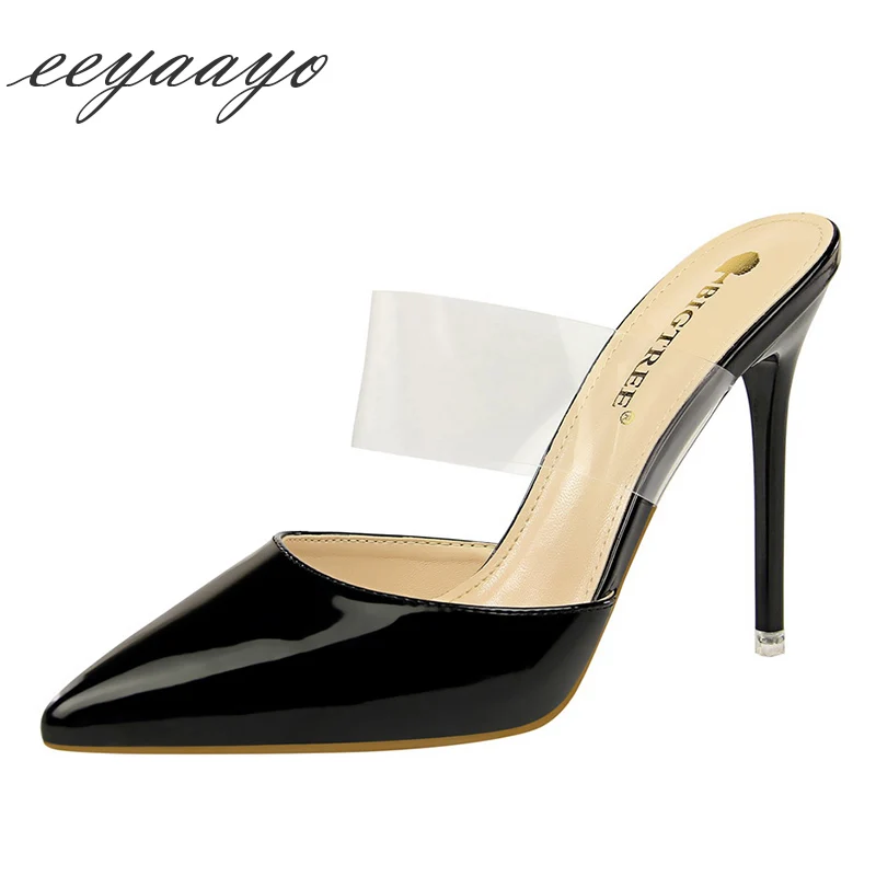 

2019 New Summer Women Mules Slippers High Thin Heel Pointed Toe Shallow Fashion Sexy Ladies Women Shoes Black Outside Slippers
