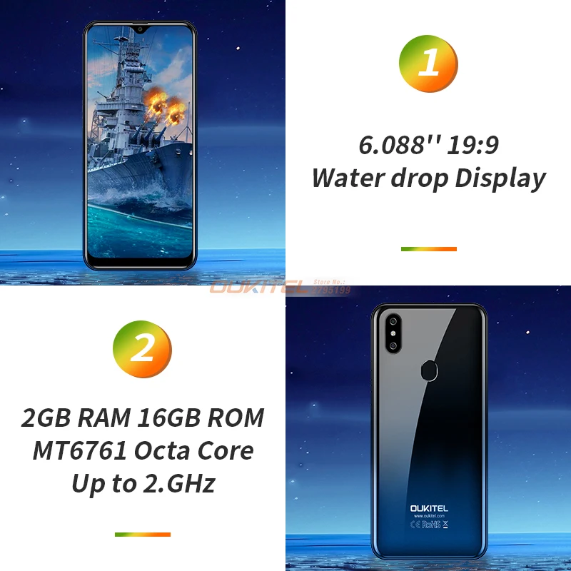 OUKITEL C15 Pro 2GB 16GB Android 9.0 MT6761 Mobile Phone Water Drop Screen Smartphone 4G LTE  2.4G/5G WiFi Fingerprint Face ID