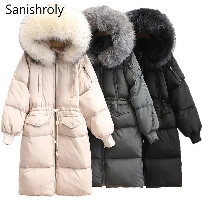 

Sanishroly New Winter Women Long Outerwear Thicken White Duck Down Jacket Parka Female Big Fur Collar Hooded Coat Plus Size S654