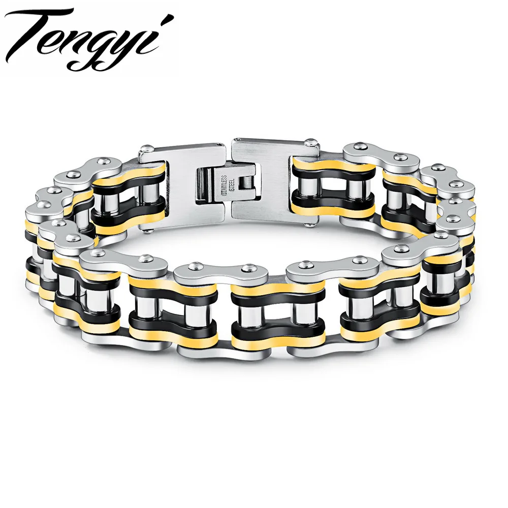 

TENGYI Motorcycle Bracelet For Men Punk Black Steel Gold Color Link Chain Biker Bicycle Cool Men Bracelets Bangles Jewelry TY857