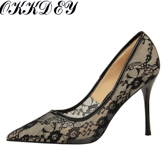 

Woman shoes2019 spring and summer new sexy thin slim high heel shallow mouth pointed mesh openwork lace ladies single shoes 141
