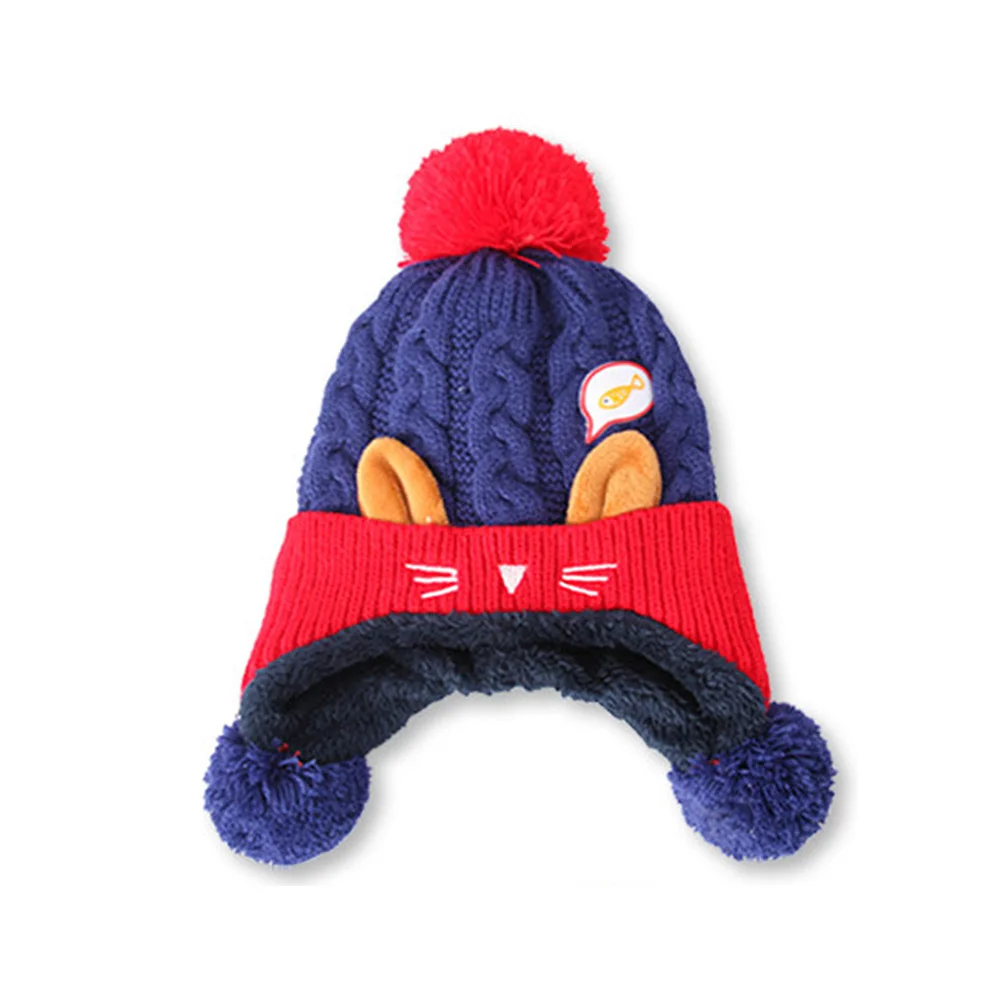 Зимняя шапка 45-50 см, теплая Младенческая шапочка, вязаные трикотажные шапки с 3 помпонами, Детские милые Вязаные Лыжные шапки с кошачьими ушками