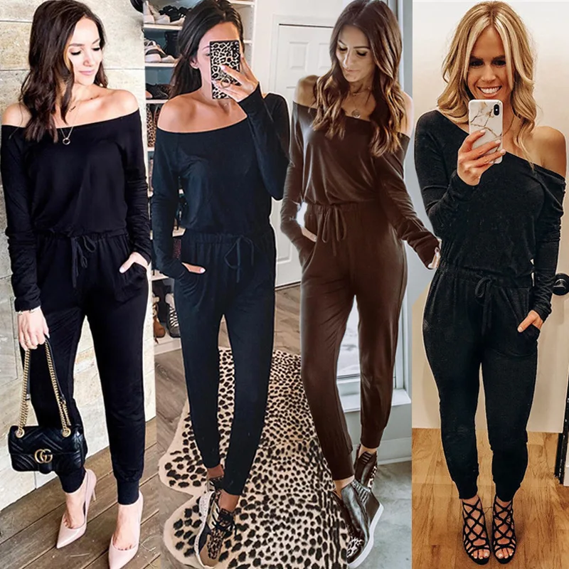 

Missufe Sexy Autumn Jumpsuits Slash Neck Long Sleeve Off Shoulder Drawstring Rompers Female Overalls Solid Bodysuits Women