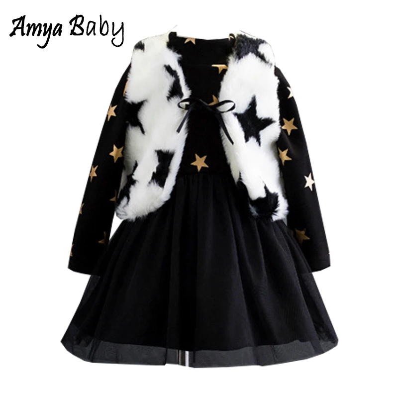 

Amya Baby Girls Winter Dress Thicken Warm Faux Fur Vest Toddler Girl Dress 2pcs Princess Costume Kids Clothes Tutu Girls Dresses