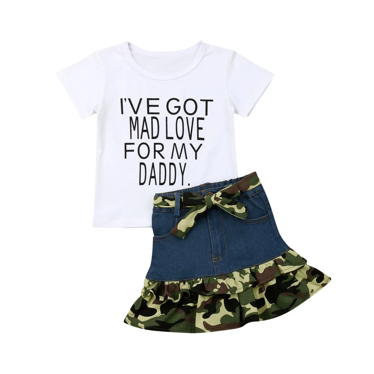 

2019 New 2PCS Infant Kids Baby Girl Letter Print Short Sleeve Cotton Tops T-shirt Camo Denim Short Skirt Outfits 1-6Years