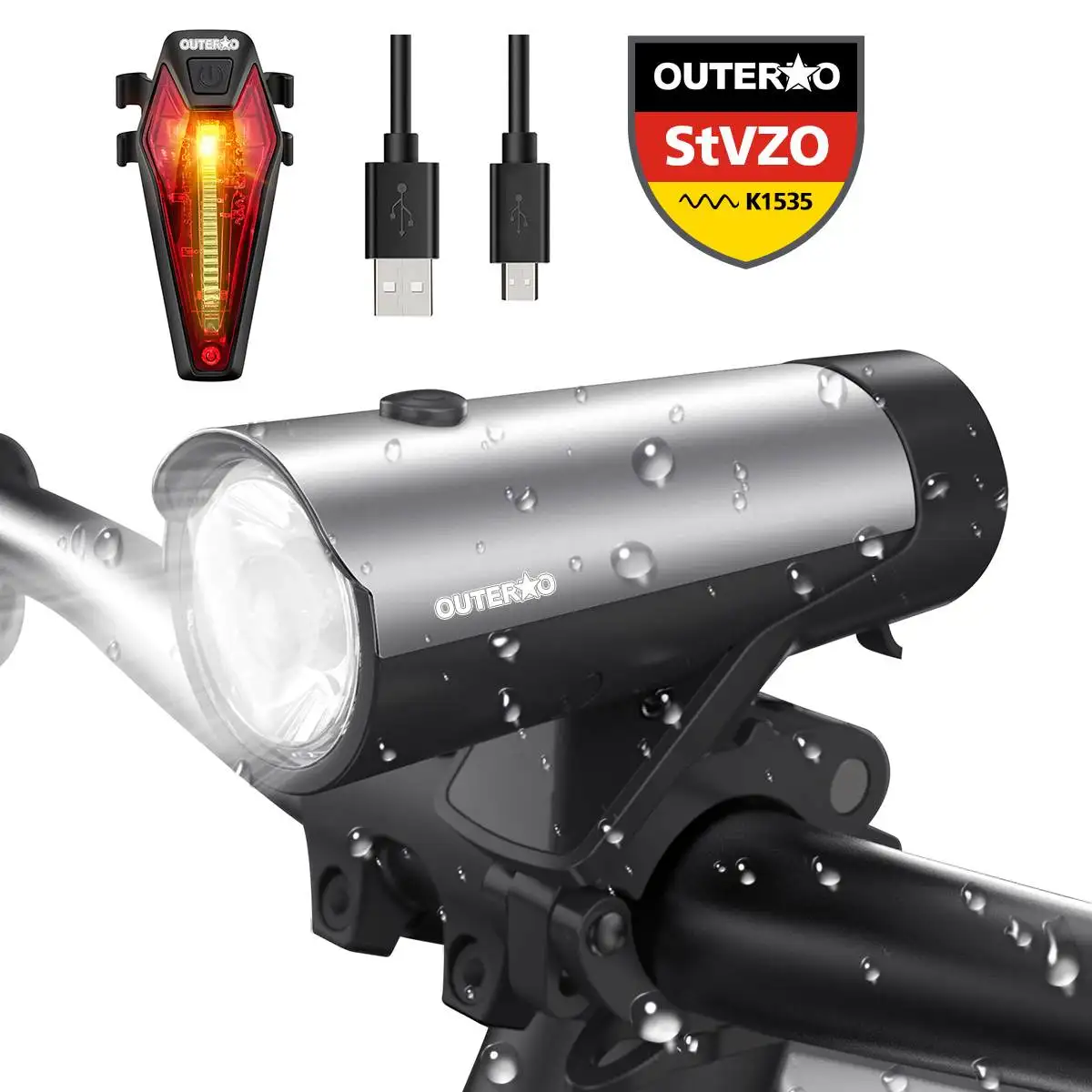 

USB Rechargeable Bicycle Light Bike Front+Rear Light Set OUTERDO Bike Headlight LED Taillight MTB Cycling Lantern Bicycle Lamp