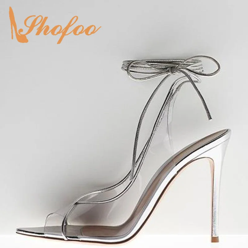

Silver PVC Wedding Shoes Ankle Wrap Sandals Women Stilettos Lace-up Super High Thin Heels Pointed Toe Large Size 11 15 Fashion