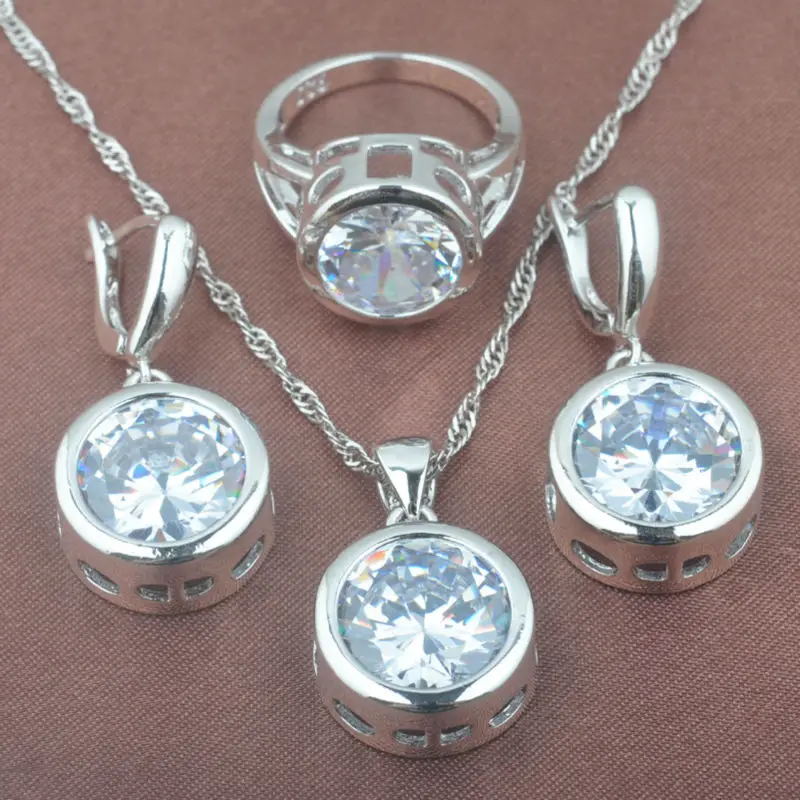 

2019 New Round White Zirconia Women's 925 Sterling Silver Jewelry Sets Necklace Pendant Earrings Rings Free Shipping TZ0373