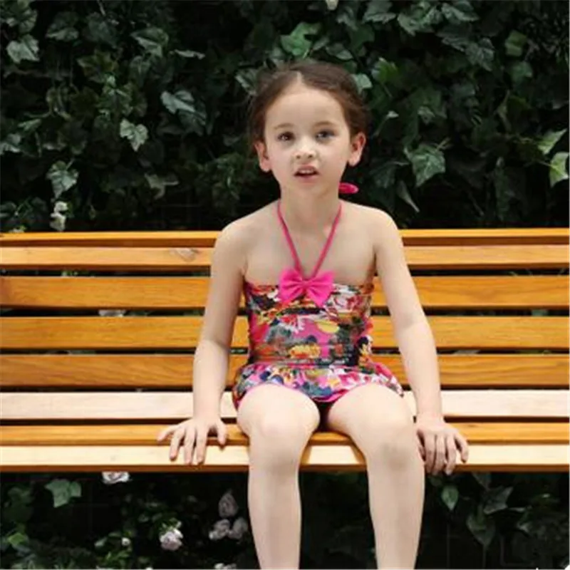 Корейский детский цельный купальный костюм с цветочным принтом Одежда для купания для девочек милый купальный костюм с бантом на бретельках для маленьких девочек