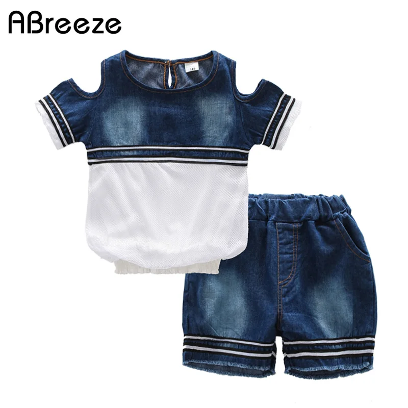 

2018 New summer children clothing 3-11T big girls clothes sets fashion Denim suit for girls cotton pullover sets 2 pcs SQ090