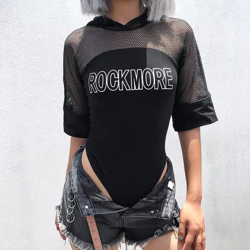 Harajuku сексуальный женский боди с капюшоном готический сетчатый топ буквенным
