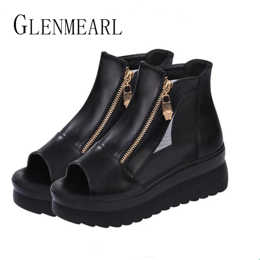

2018 Summer Rome Platform Women's Sandals Boots Shoes Fish Head Zip Thick With Wedge Sandals Female High-top Casual Shoes 30