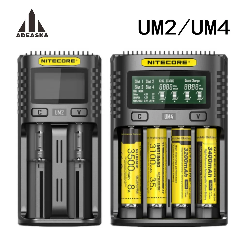 Prix NITECOR UM4 UM2 C4 VC4 LCD chargeur de batterie intelligent pour Li ion IMR INR ICR LiFePO4 18650 14500 26650 AA 3.7 1.2V 1.5V Batteries D4