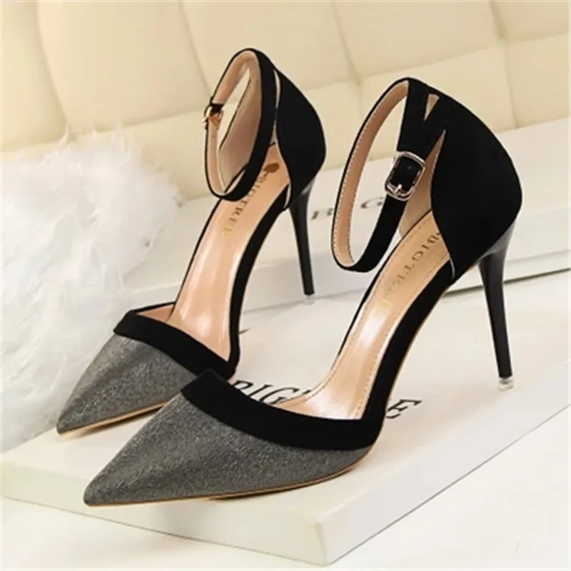 

European and American style sexy elegant show temperament silver sequins mixed colors hollow pointed fine ultra high heels shoes