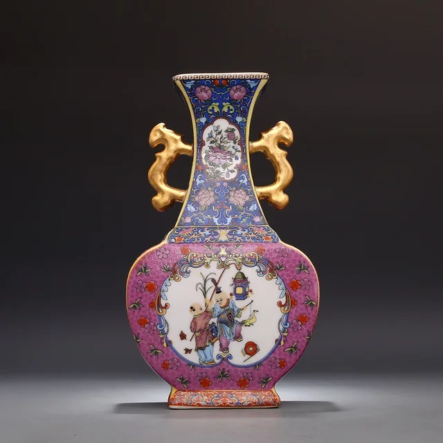Jingdezhen Ceramic Qing Yong Zheng Year Antique china porcelain Double Eeared Enameled Gilt Square Flat Vase 1