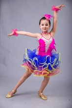 New girls tassel latin dance dress children blue/red sequined tango/rumba costumes dance practice dress competition costumes