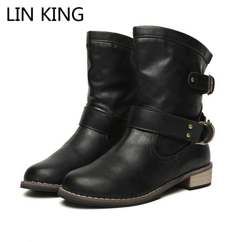 

LIN KING Women Motorcycle Boots New Female Spring and Autumn Fashion Woman's Boots Flat Vintage Buckle Casual Lady Boots