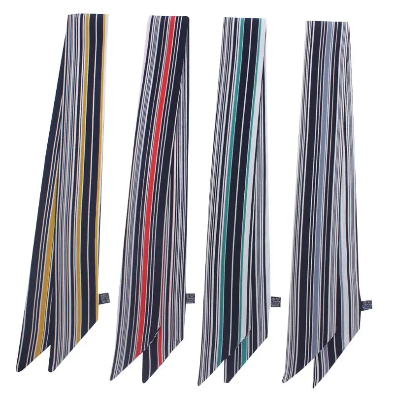 

90x5cm Korean Women Retro Contrast Color Striped Skinny Neckerchief Ribbon Neck Scarf Imitation Silk Handbag Decorative Headwrap